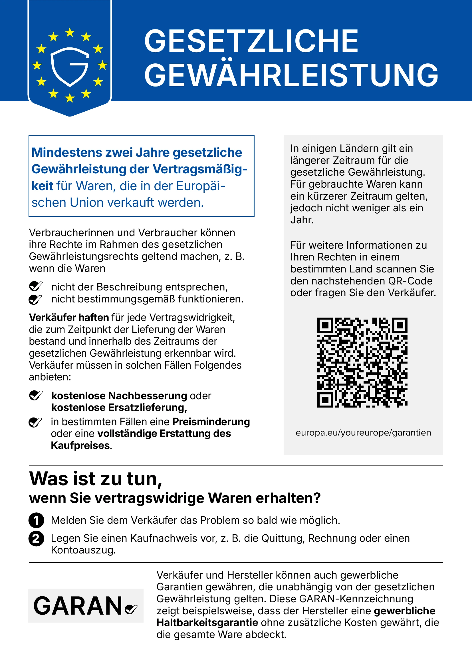 Gesetzliche Gewährleistung – Informationen für Verbraucherinnen und Verbraucher